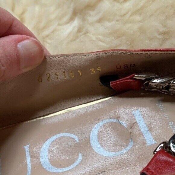 GUCCI Deva Red Lamb Leather Point Toe Horsebit Silver Chain Ballet Flats 35 - Picture 7 of 12